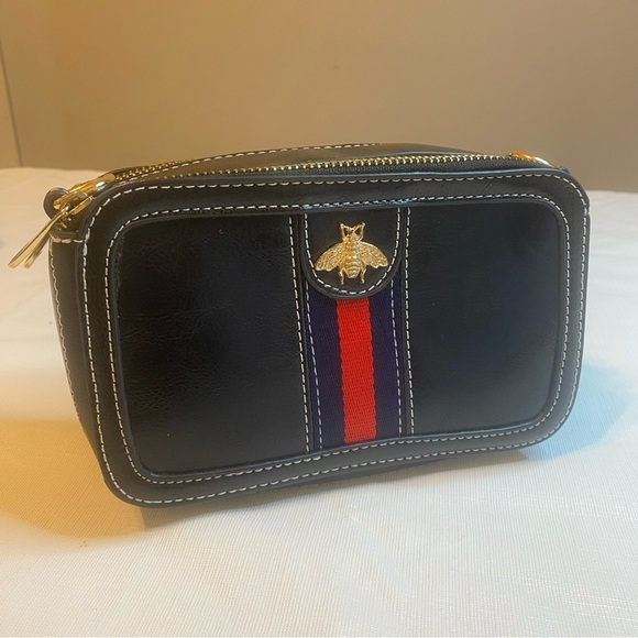 Handbags - Elegant Black Crossbody Bag with Gold Bee Accent